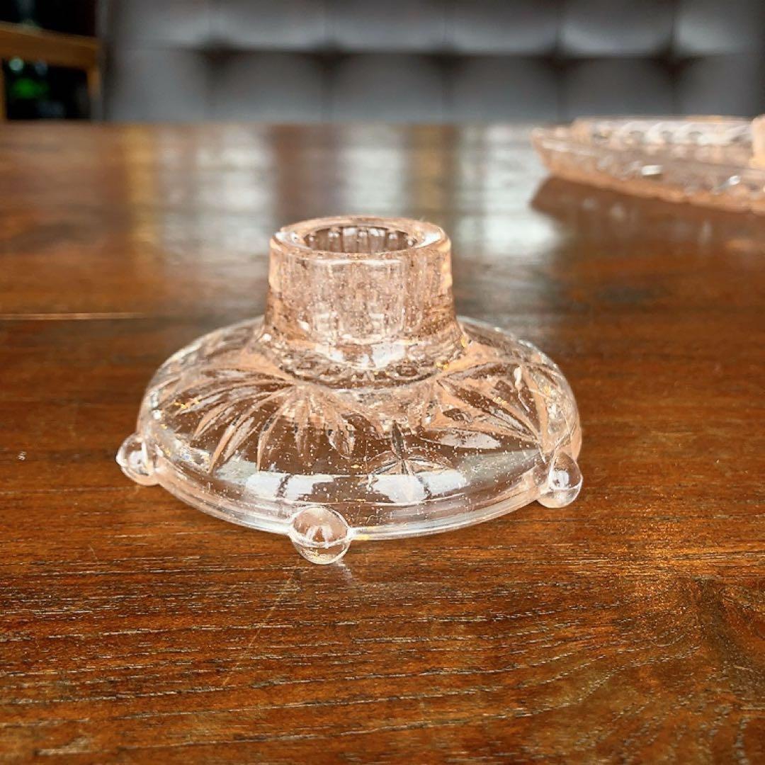 アンティーク ピンクガラスのプレート キャンドルスティック 小物入れ 4点揃え