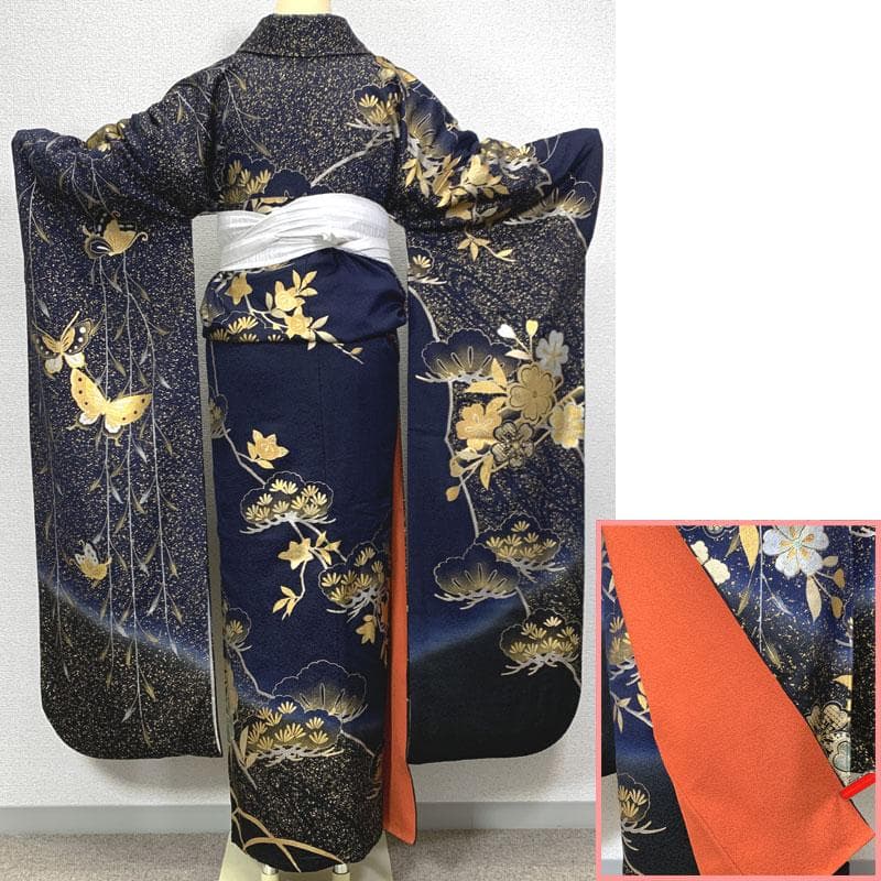 601z9〇人気色！ 振袖 金彩 紺 ネイビー 蝶々 桜 松〇成人式 結婚式