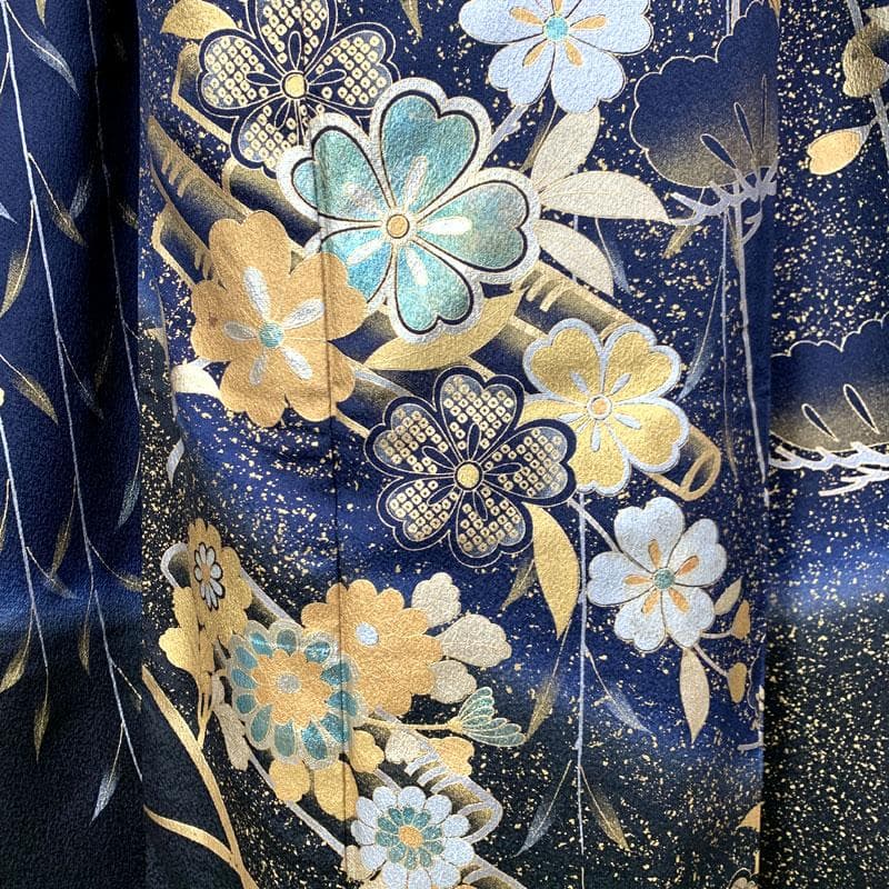 601z9〇人気色！ 振袖 金彩 紺 ネイビー 蝶々 桜 松〇成人式 結婚式