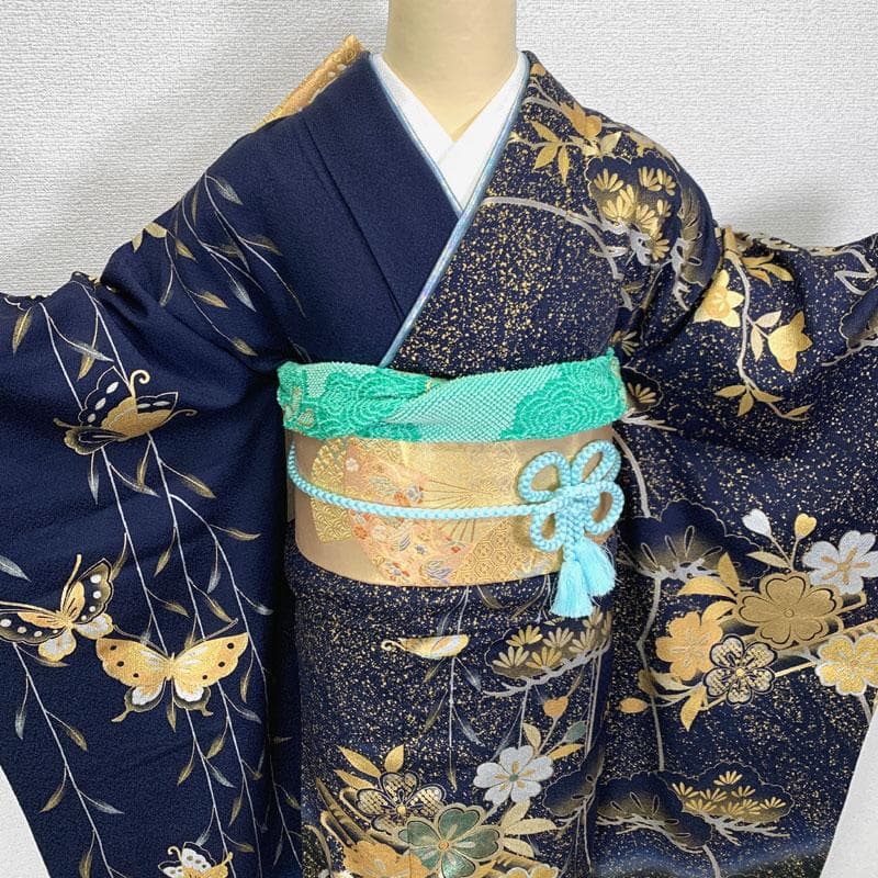 601z9〇人気色！ 振袖 金彩 紺 ネイビー 蝶々 桜 松〇成人式 結婚式