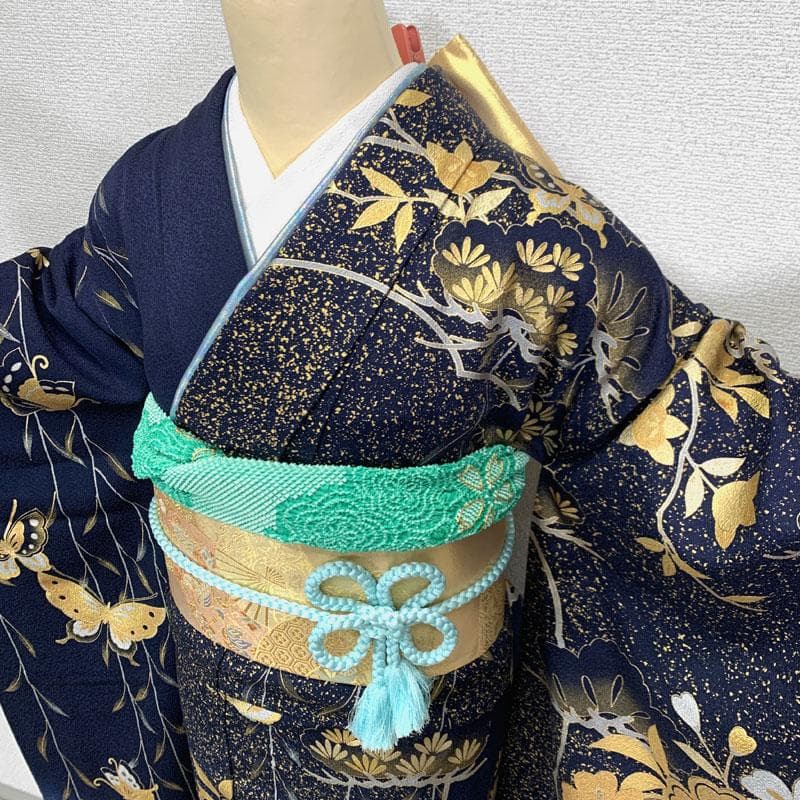 601z9〇人気色！ 振袖 金彩 紺 ネイビー 蝶々 桜 松〇成人式 結婚式