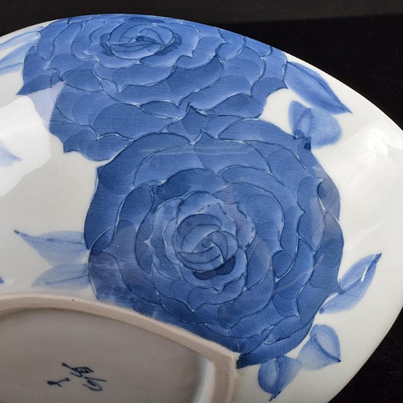 陶芸家　黒部駒子作　染付　椿文　楕円鉢　共箱　V　R9347