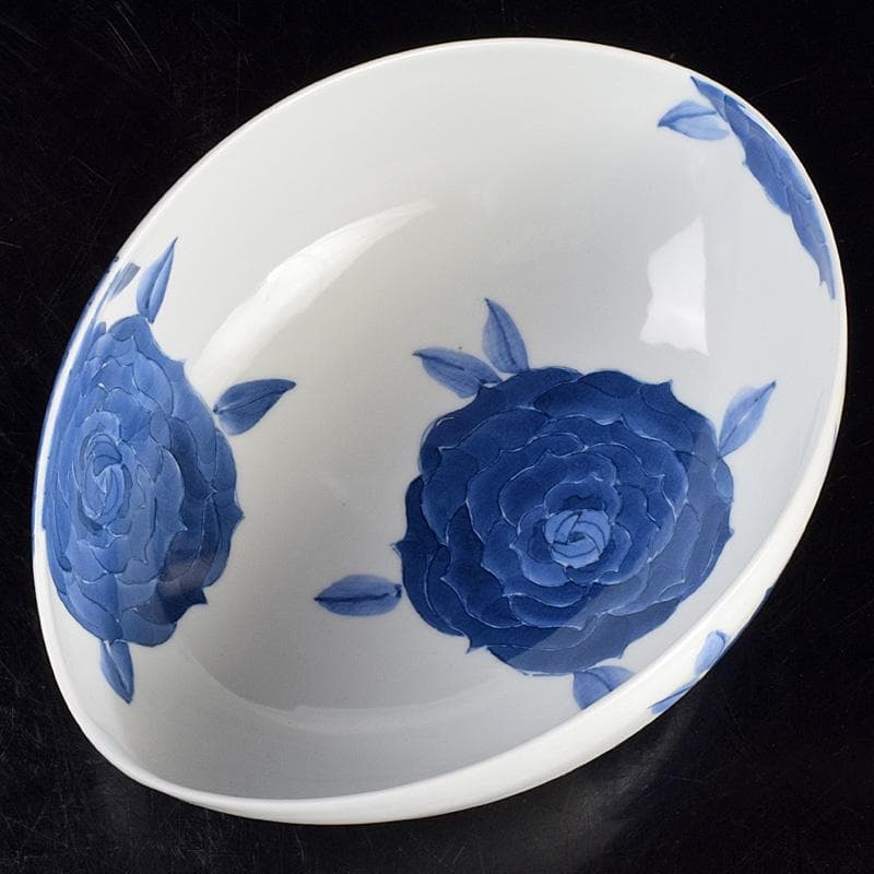 陶芸家　黒部駒子作　染付　椿文　楕円鉢　共箱　V　R9347