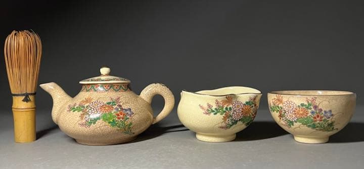 【エビス】急須 湯冷まし 茶碗 薩摩焼 色絵花唐草文  煎茶道具 合箱