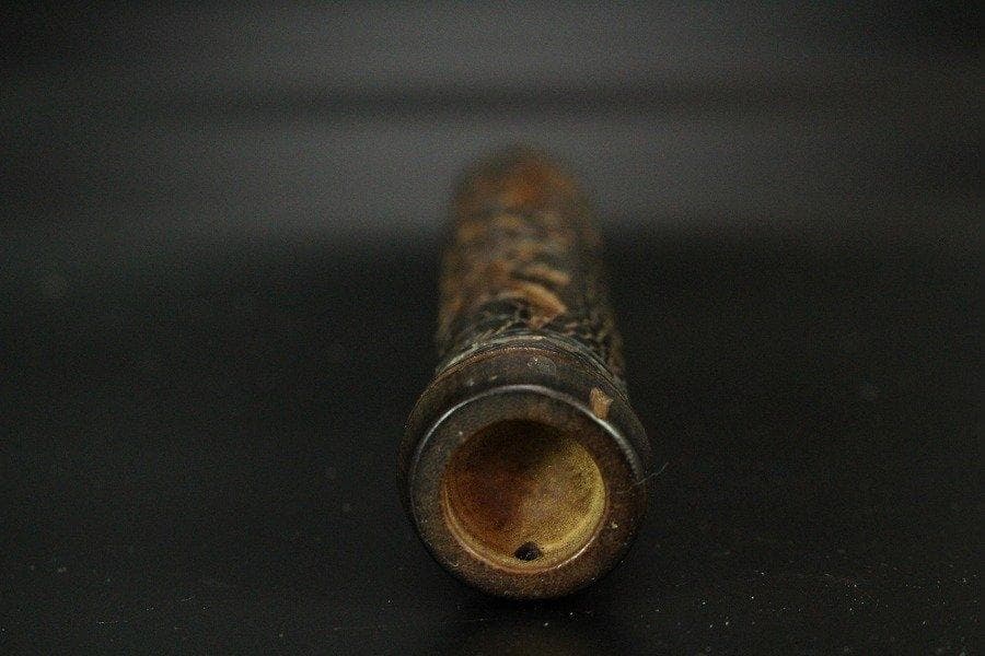 竹 刻花鳥 小筒 高11cm 提物 旧家蔵出