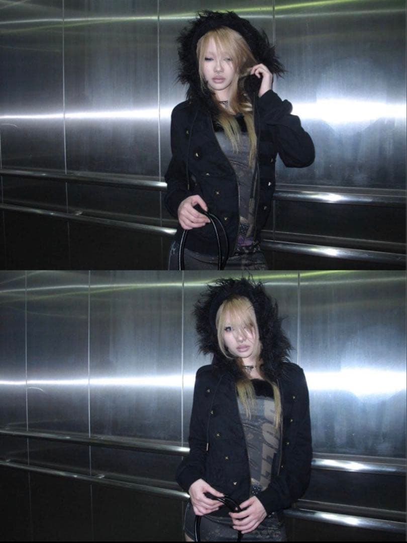 no E mosen ファー付きジャケット ブラック opium