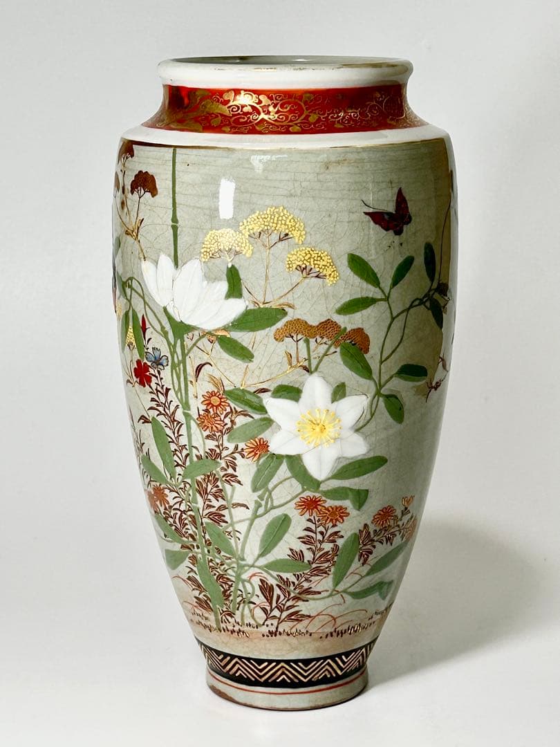 二代 井上良斎 釉下彩浮彫青磁花瓶 東京焼 隅田焼