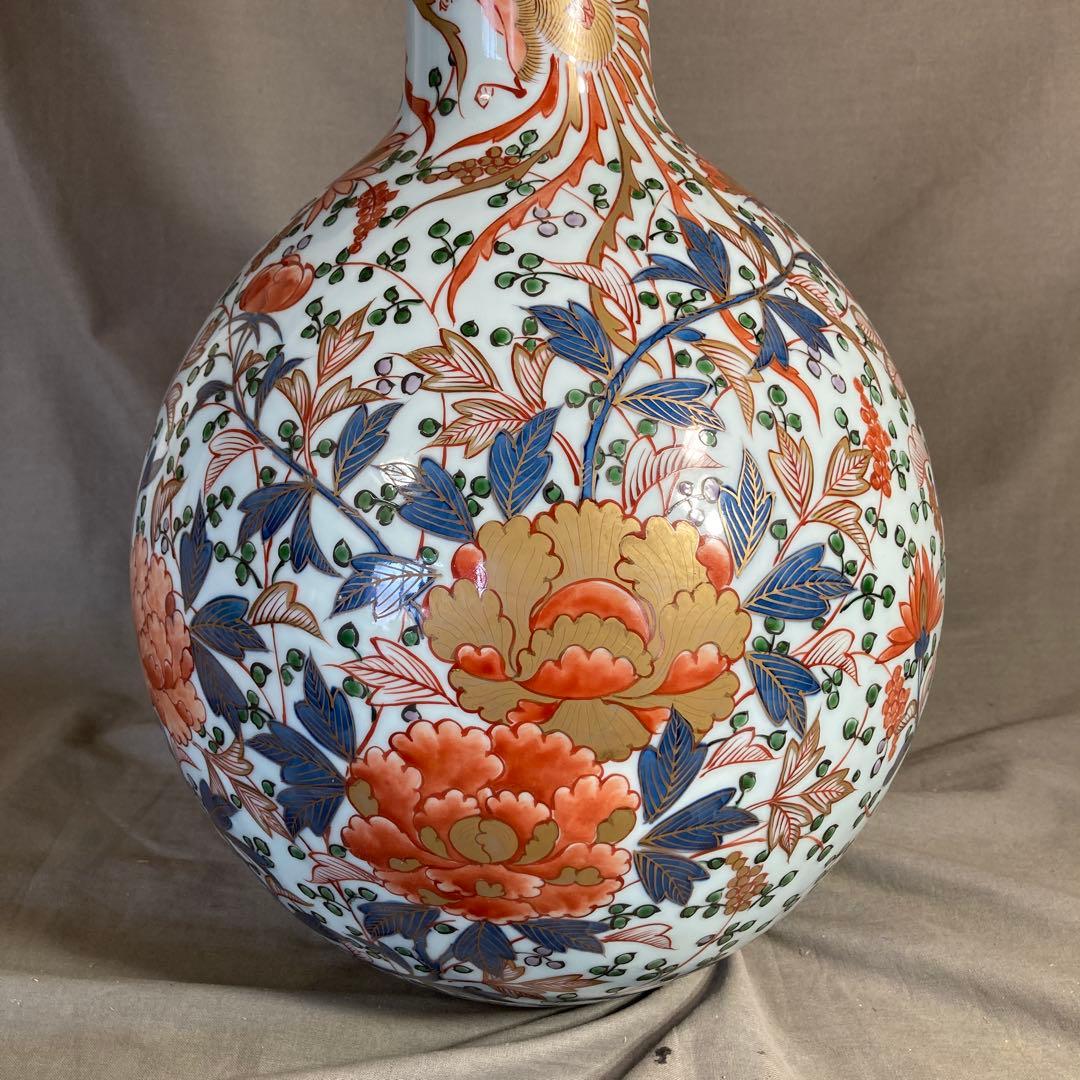 【源右衛門】古伊万里の伝統　日本の名窯　舘林源右衛門作　染錦菊牡丹鳳凰文　大花瓶