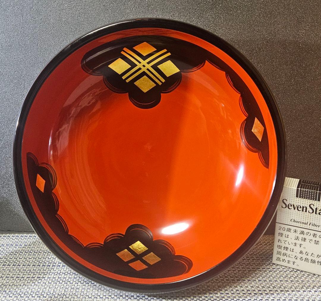 秀衡塗り　丸三漆器製　漆塗り　朱黒漆塗 金彩菱文様　菓子鉢　菓子器　盛鉢　茶道具