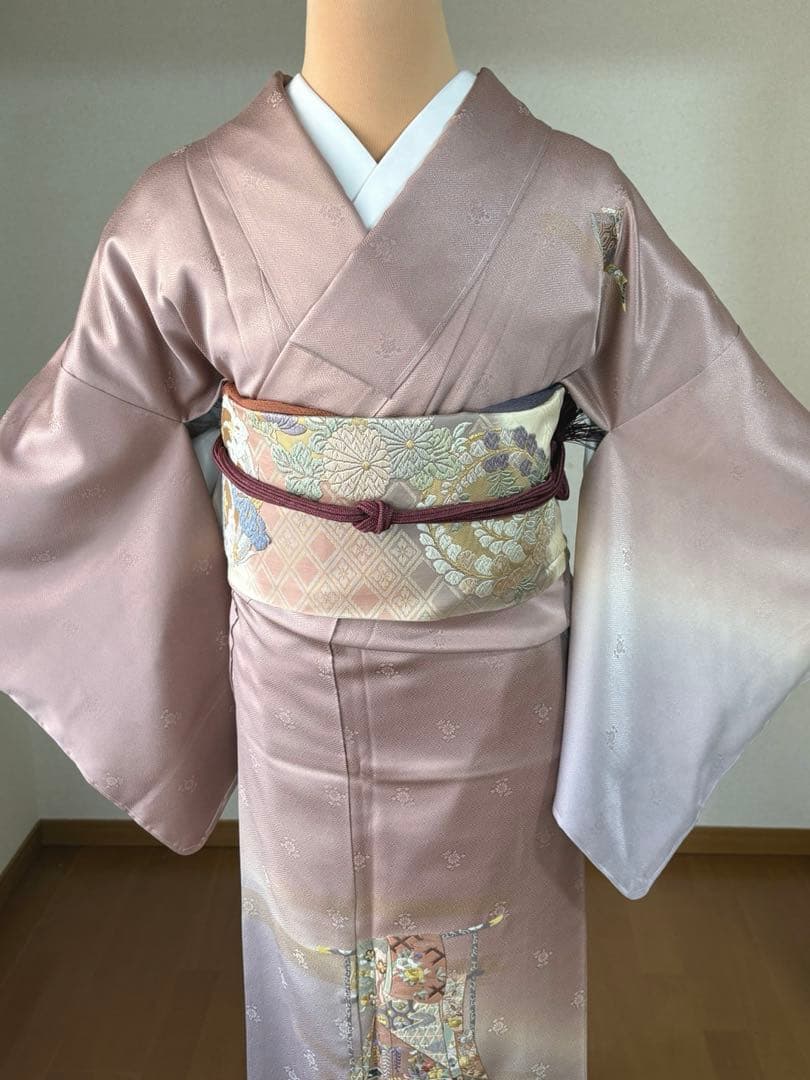 4点フルセット　正絹訪問着　袋帯　帯揚げ　帯締め　未使用品