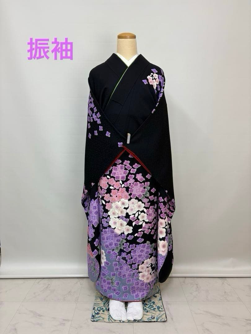 振袖 袷 紫陽花 桜 金糸 ブラック パールトーン加工済