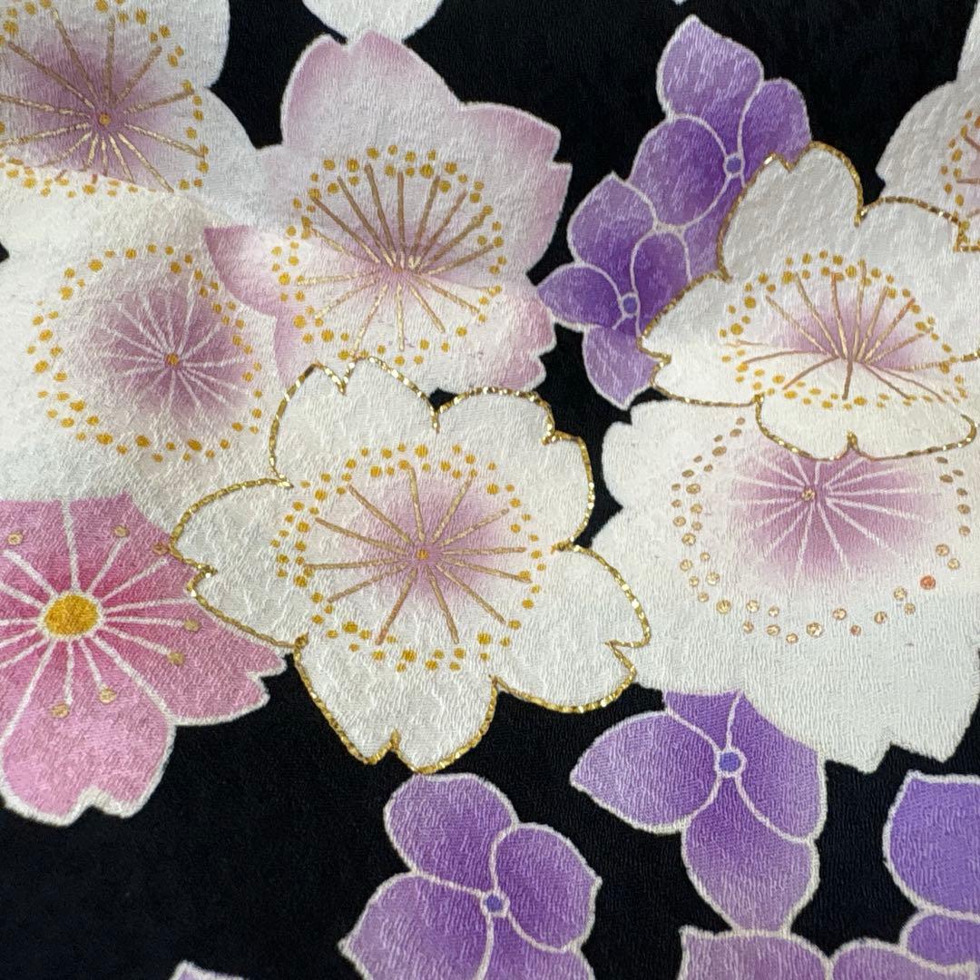 振袖 袷 紫陽花 桜 金糸 ブラック パールトーン加工済