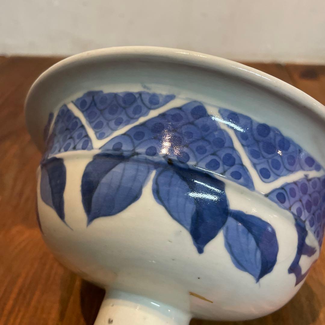 美品　古伊万里　染付の器　江戸時代　肥前　磁器　高杯　金継ぎ　染付の絵柄が上品な