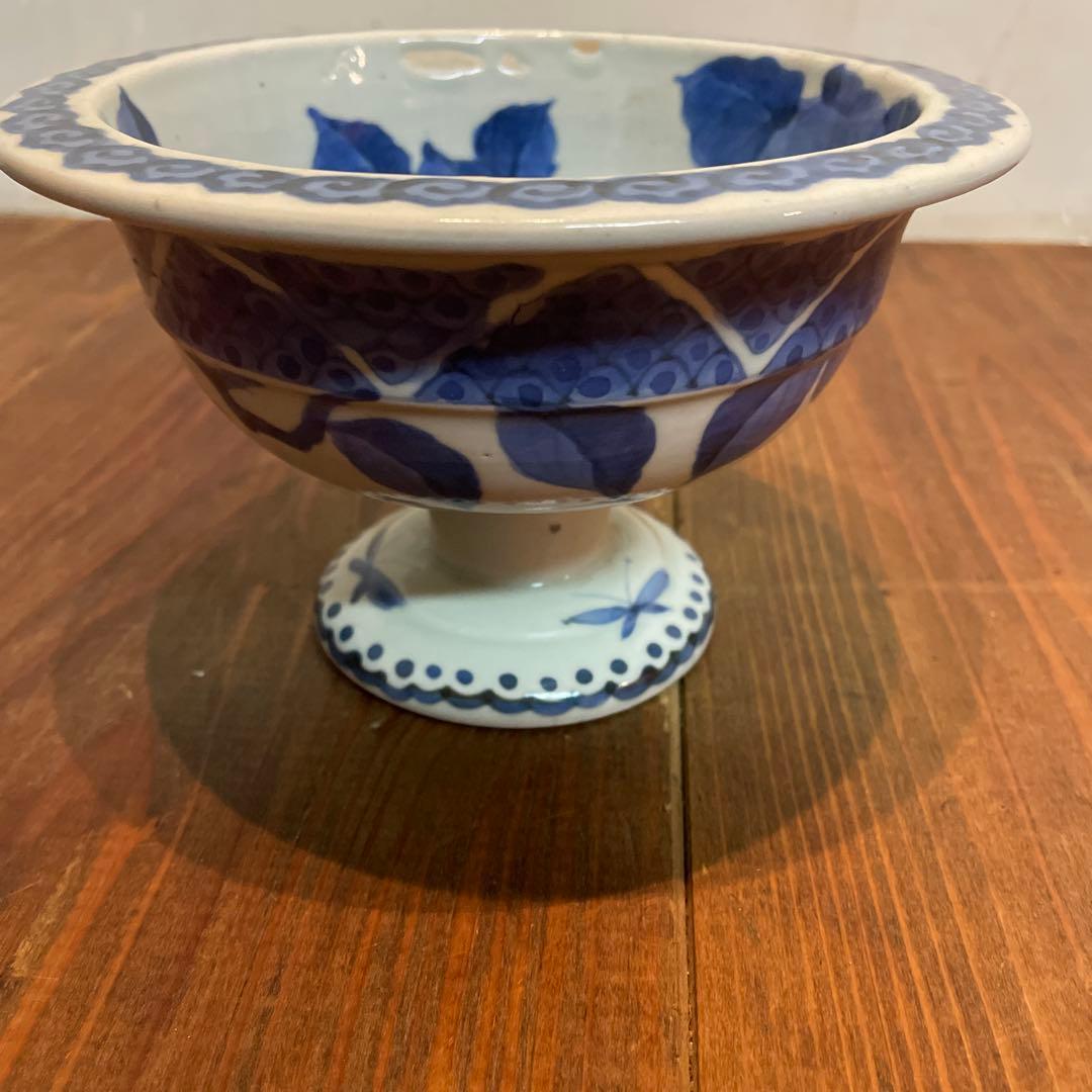 美品　古伊万里　染付の器　江戸時代　肥前　磁器　高杯　金継ぎ　染付の絵柄が上品な