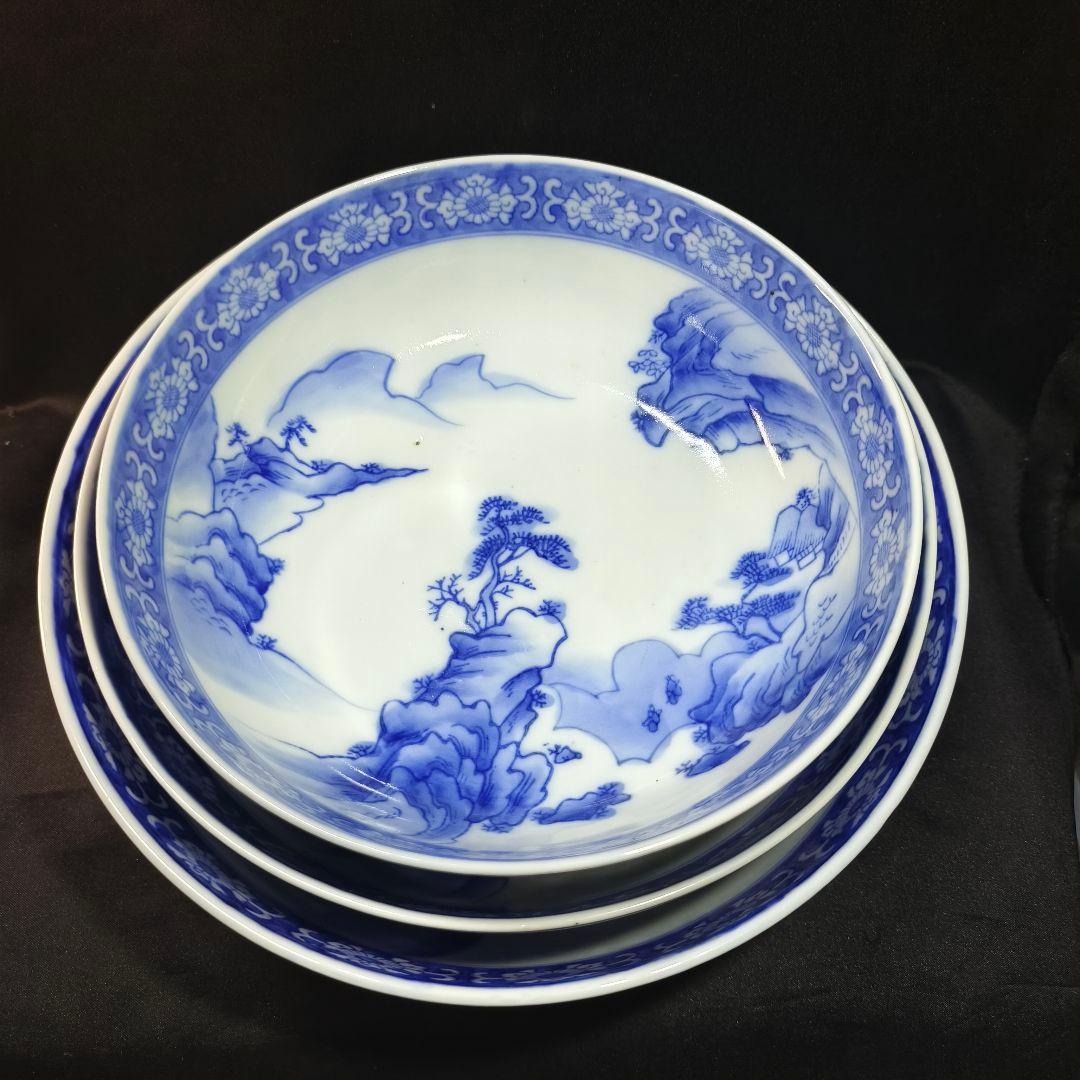 古伊万里 染付三つ鉢 山水風景文 手描き 明治骨董 古美術品 蒐集家放出美品