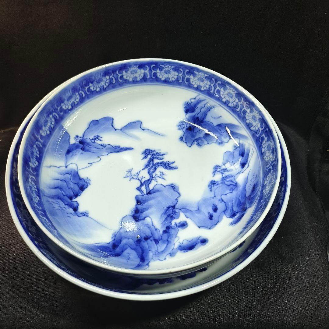 古伊万里 染付三つ鉢 山水風景文 手描き 明治骨董 古美術品 蒐集家放出美品