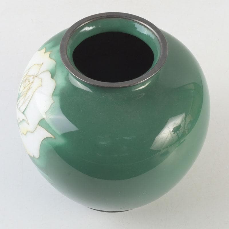 七宝焼　安藤七宝店　純銀刻印　緑釉　花文　花瓶　V　9659