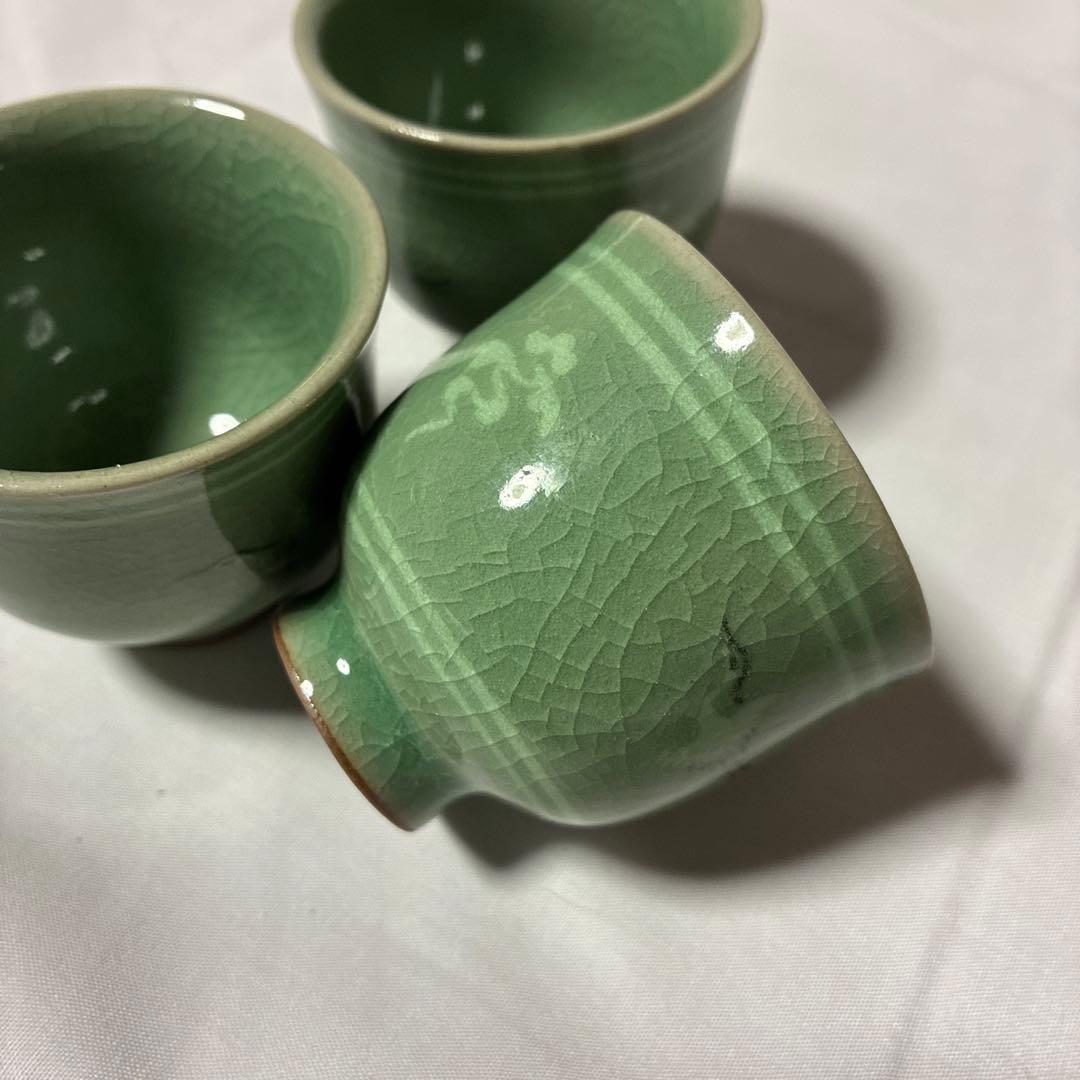 お猪口　高麗青磁 盃 3客 飛鶴文 貫入 韓国人間文化財 申相浩 器　和