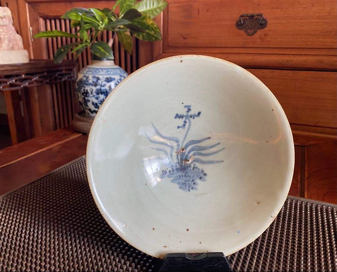 中国　染付絵皿　福禄寿喜　鑑賞台付 ・ヴィンテージ　レア ・台湾茶器