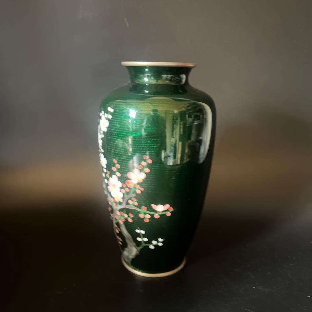 安藤七宝焼　梅菊竹　珍しい深緑系　花入れ　花瓶　華道　刻印有　極上工芸　金属工芸