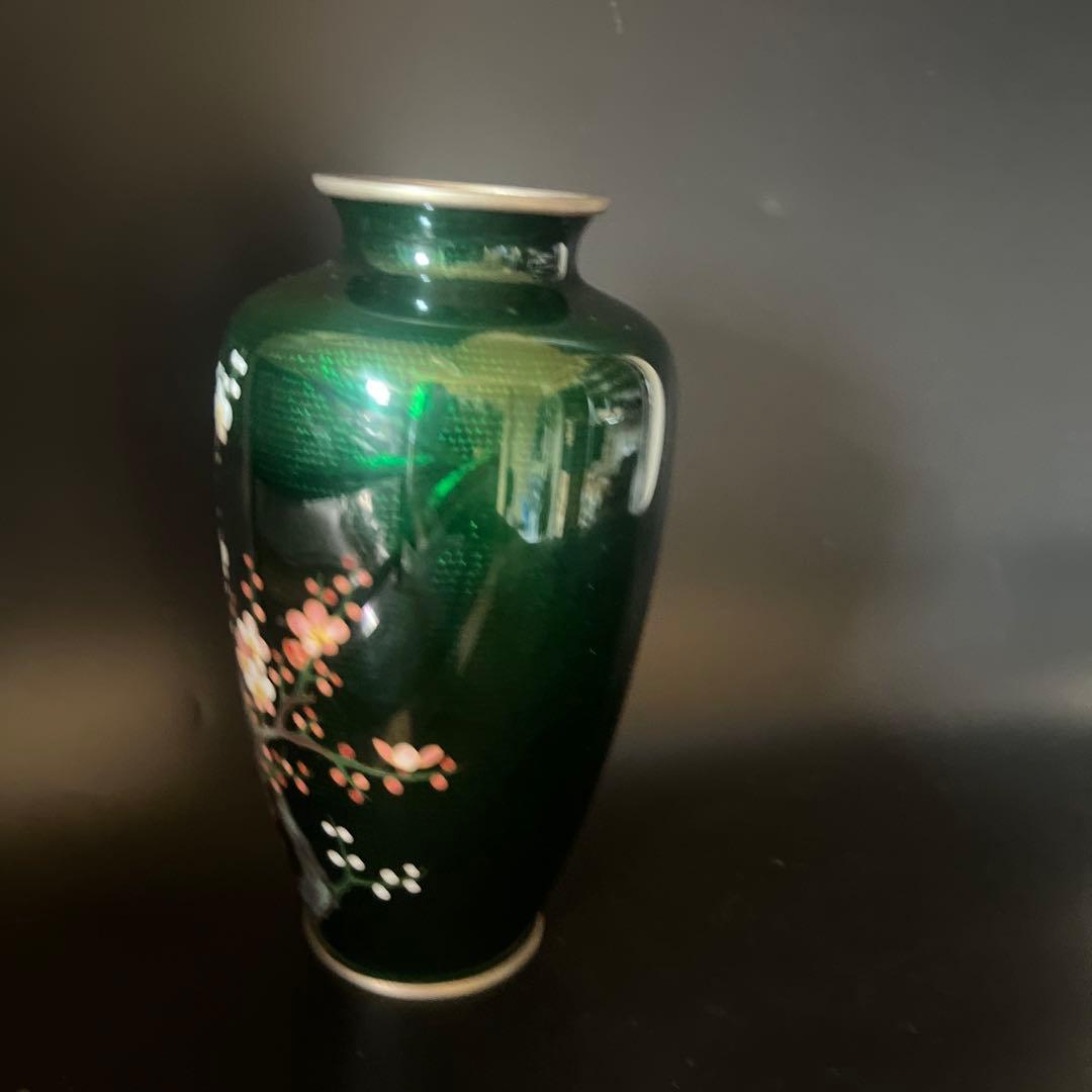 安藤七宝焼　梅菊竹　珍しい深緑系　花入れ　花瓶　華道　刻印有　極上工芸　金属工芸