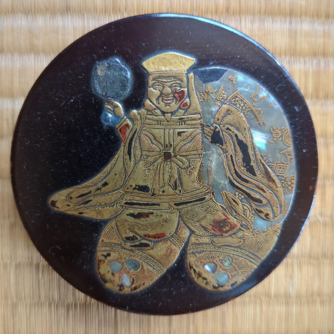 金箔装飾 漆器 香合 円形　大黒様　金蒔絵　打出の小槌　俵　骨董品　古美術