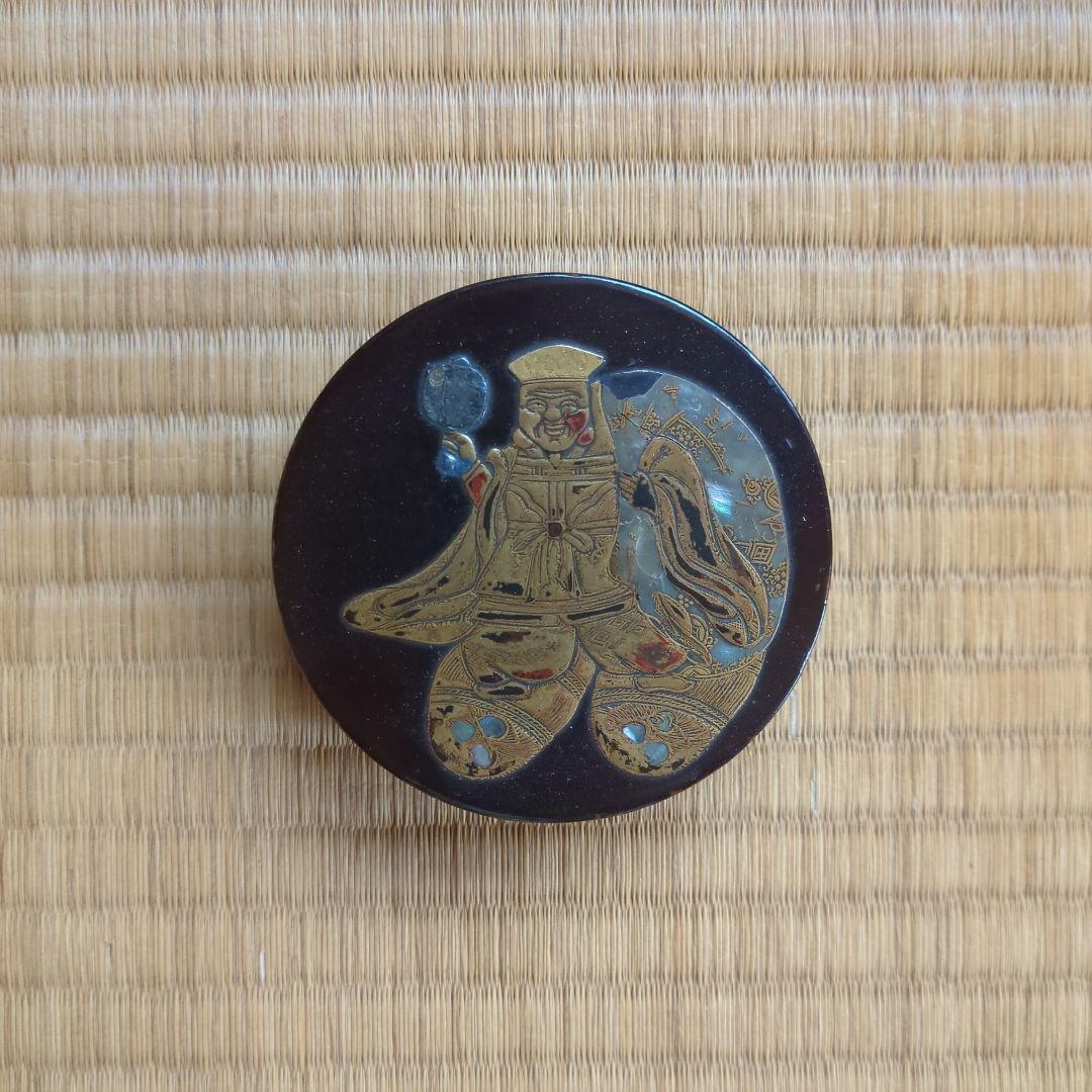 金箔装飾 漆器 香合 円形　大黒様　金蒔絵　打出の小槌　俵　骨董品　古美術