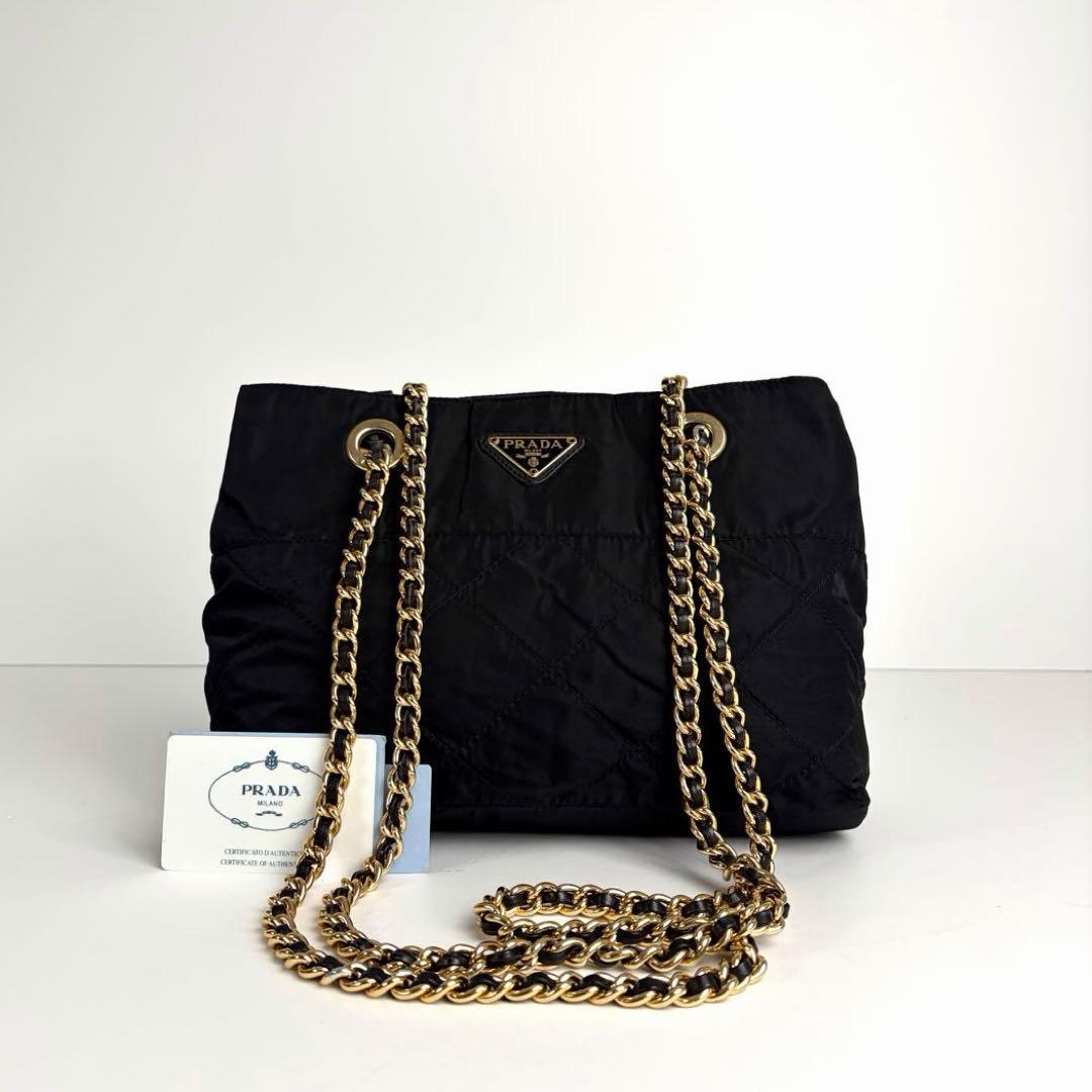 極美品 PRADA プラダ チェーン キルティング ショルダーバッグ ナイロン