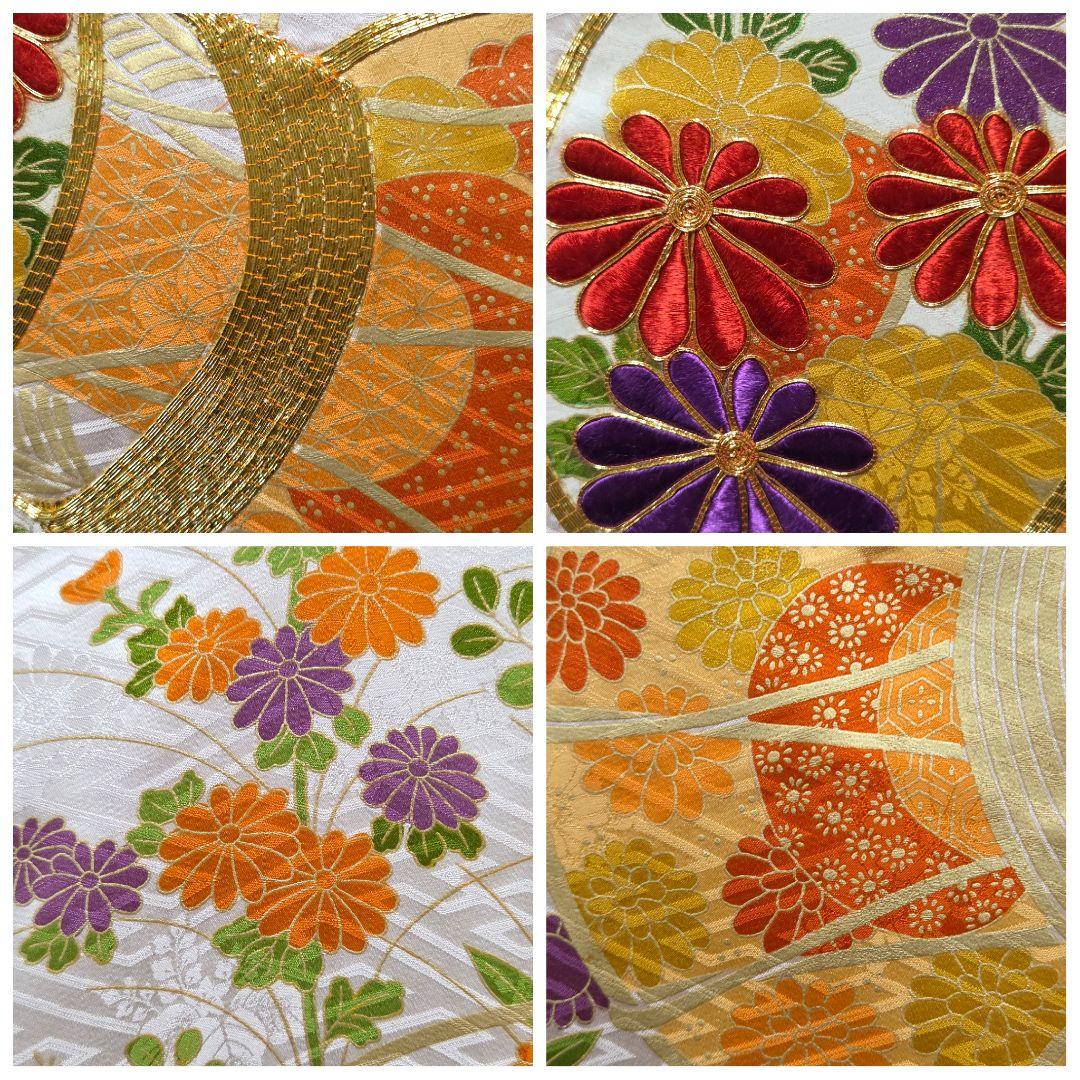 B◆着物くつろぎ 鼓に菊模様 金彩 金駒刺繍 白 袷 正絹 成人式 振袖 着物