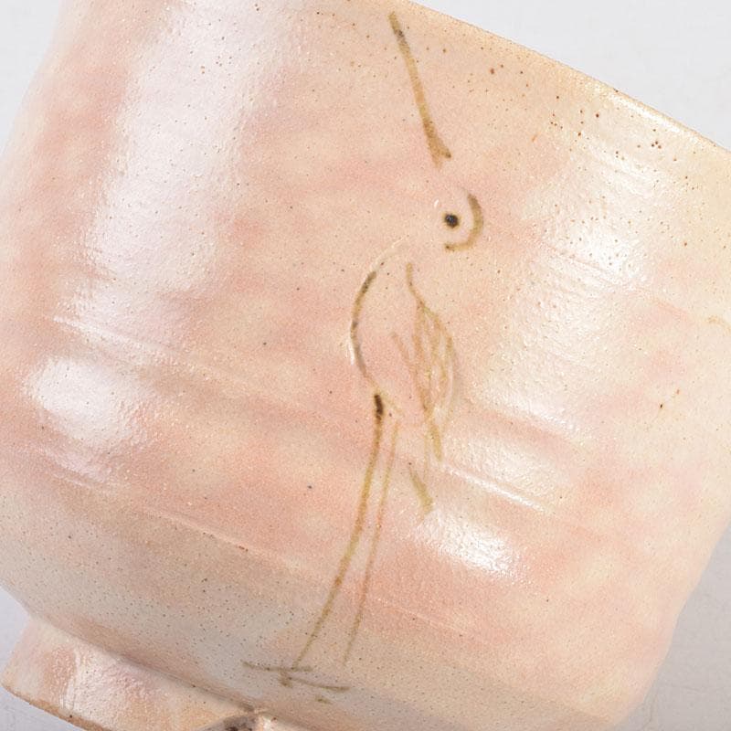 茶道具　志野焼　立鶴絵　茶碗　在銘　時代箱　V　R9374