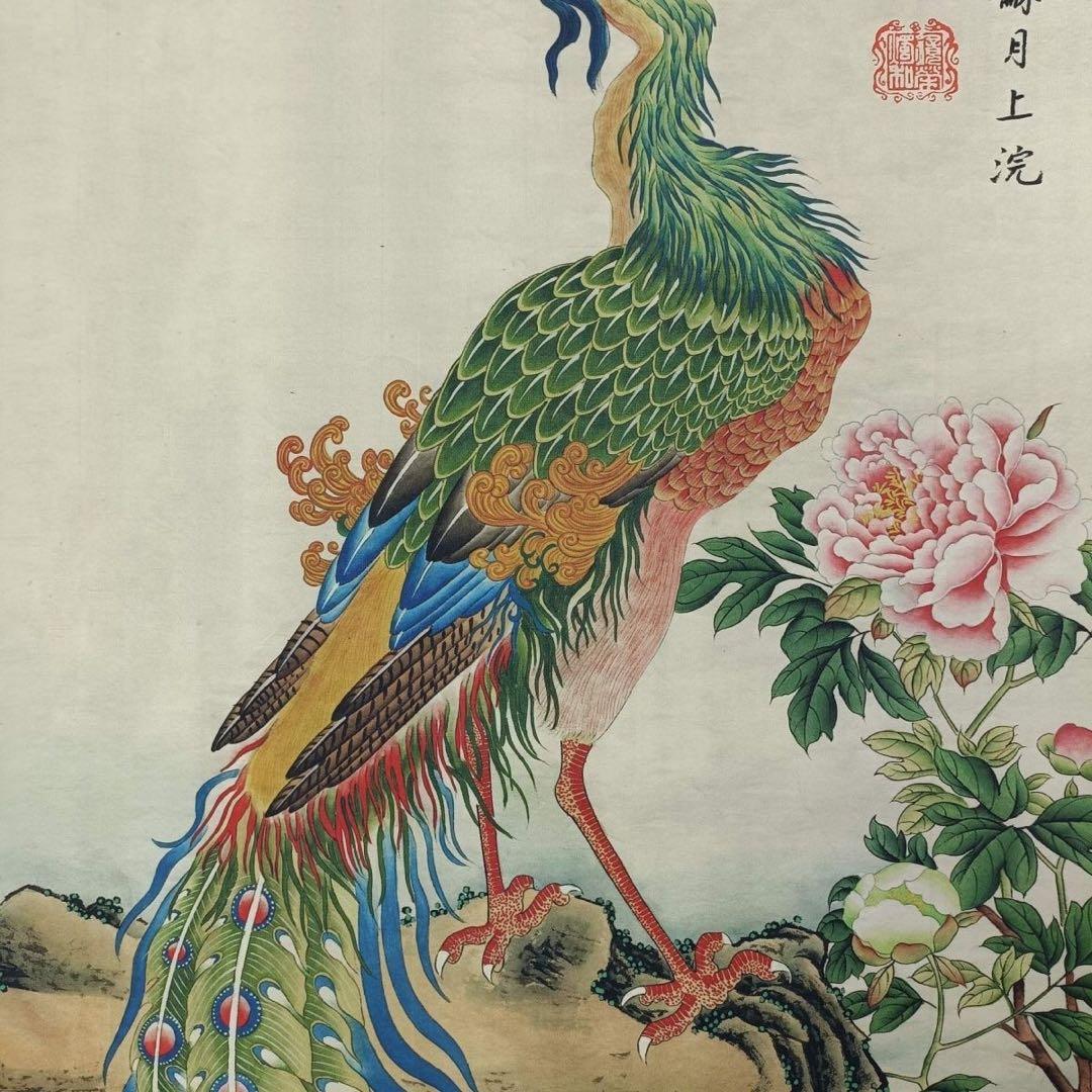 【防偽標識付】丹鳳朝陽 三尺中堂掛軸 絹本装裱 大幅 約77×175cm