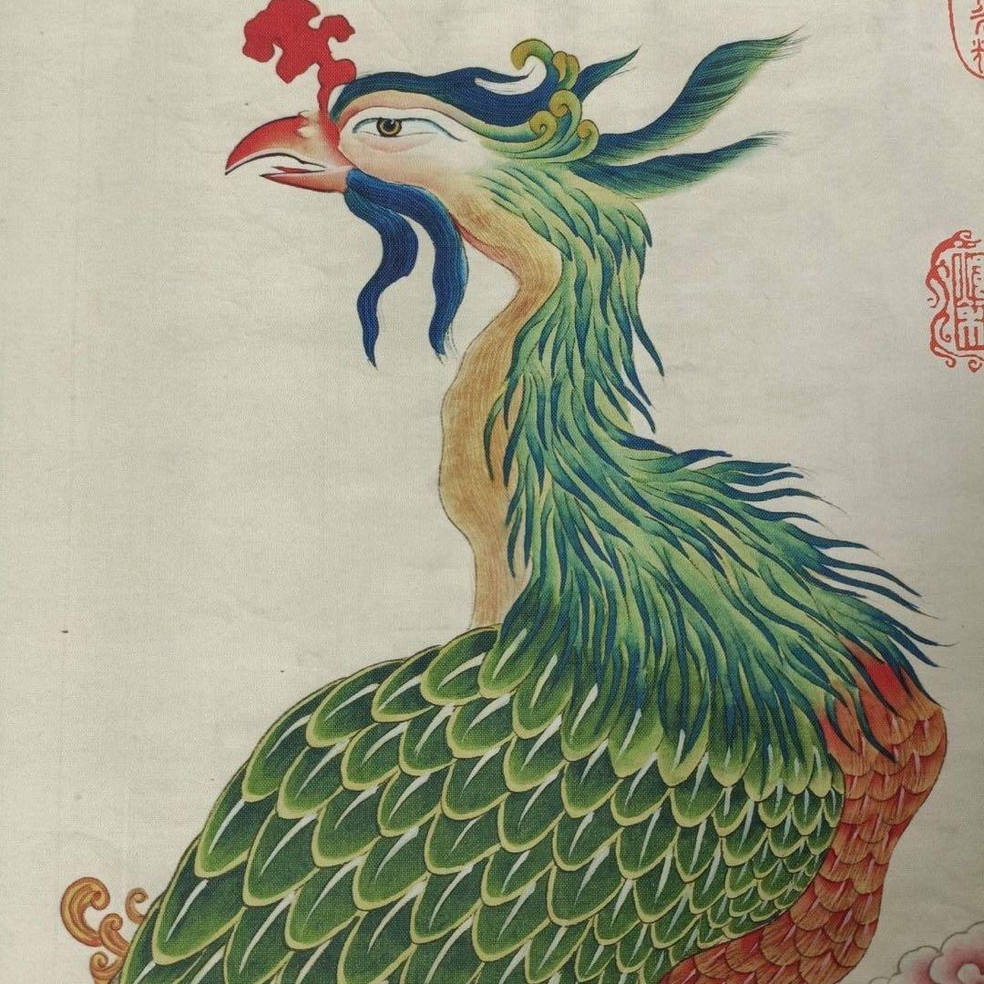 【防偽標識付】丹鳳朝陽 三尺中堂掛軸 絹本装裱 大幅 約77×175cm