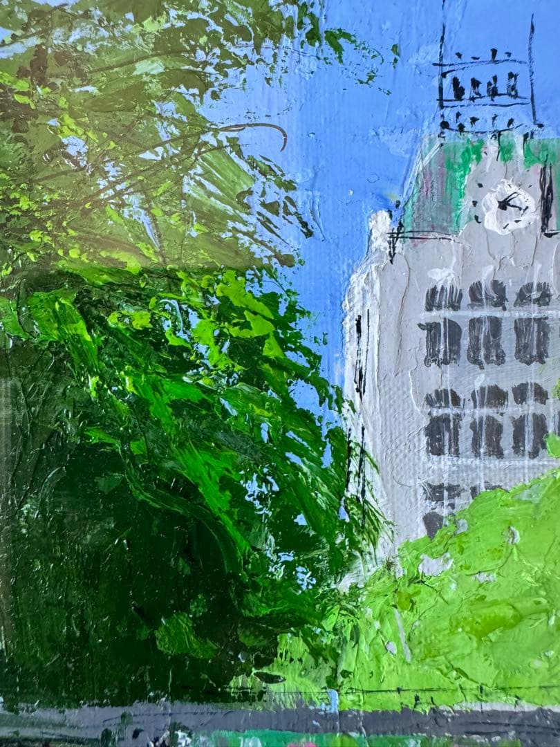 真作　小田切訓「塔のある運河」キャンバスに油彩 F4号　額装・タトウ箱・黄袋付き