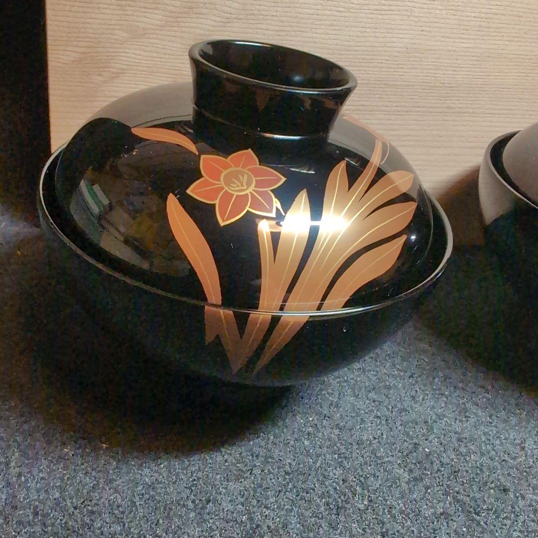 【越前塗】御吸物碗　錦寿　高仙才丸　水仙文様　天然木　高級漆器　黒地に蒔絵