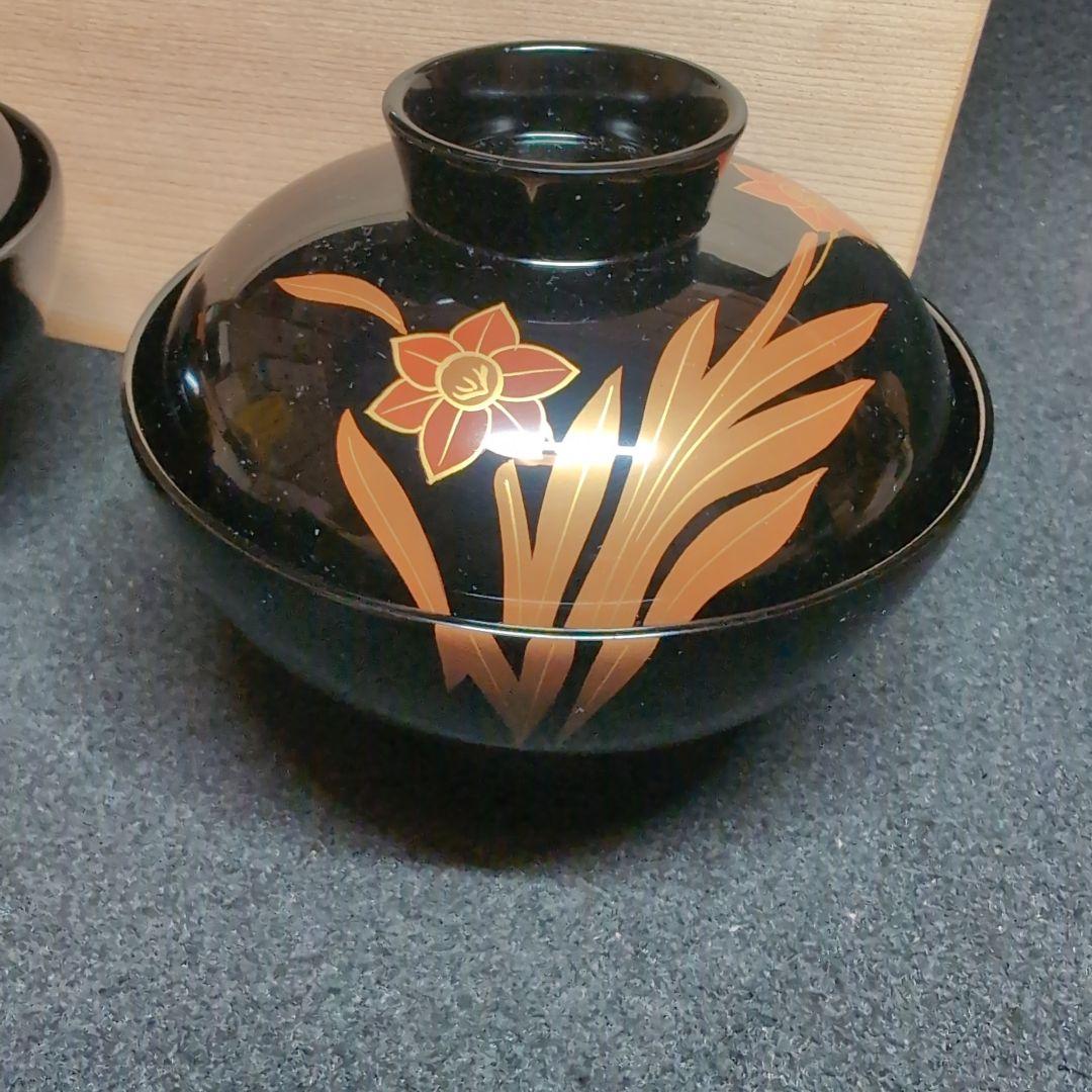 【越前塗】御吸物碗　錦寿　高仙才丸　水仙文様　天然木　高級漆器　黒地に蒔絵