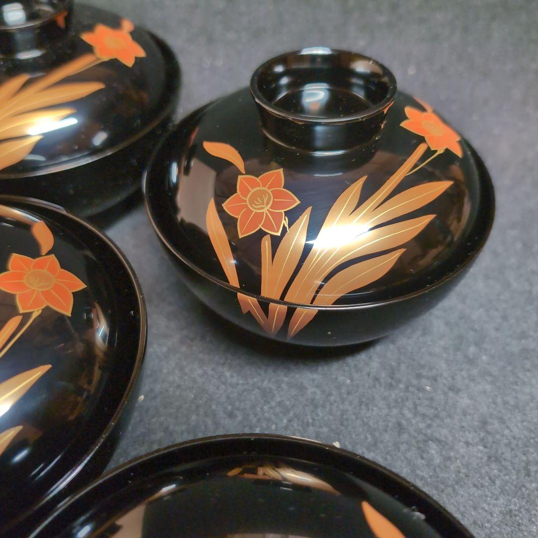 【越前塗】御吸物碗　錦寿　高仙才丸　水仙文様　天然木　高級漆器　黒地に蒔絵