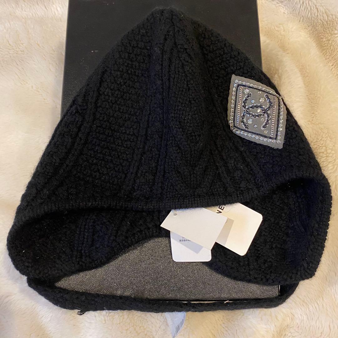 CHANEL 黒 ニット帽 ボタン ビーニー キャップ ビジュー ラインストーン