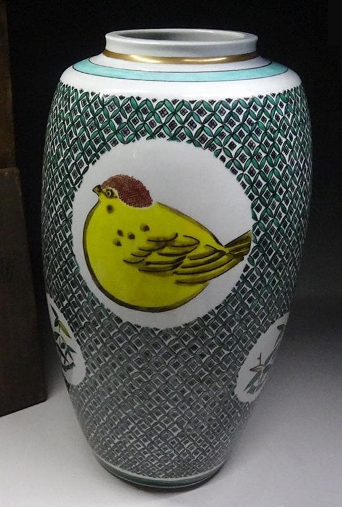 九谷焼 藤井尚行 造 小紋 青九谷 花瓶 壺 竹雀紋 高約26.5cm 共箱付