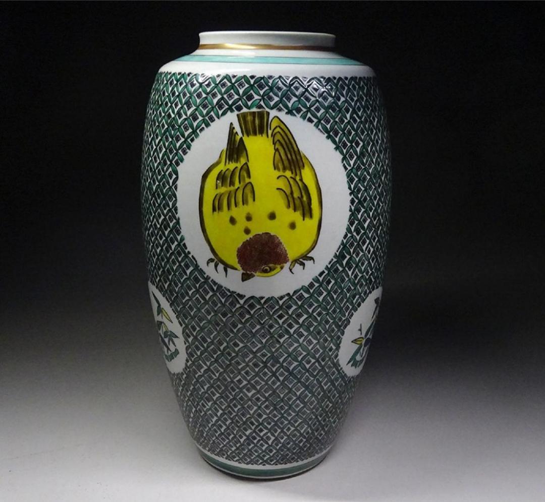 九谷焼 藤井尚行 造 小紋 青九谷 花瓶 壺 竹雀紋 高約26.5cm 共箱付