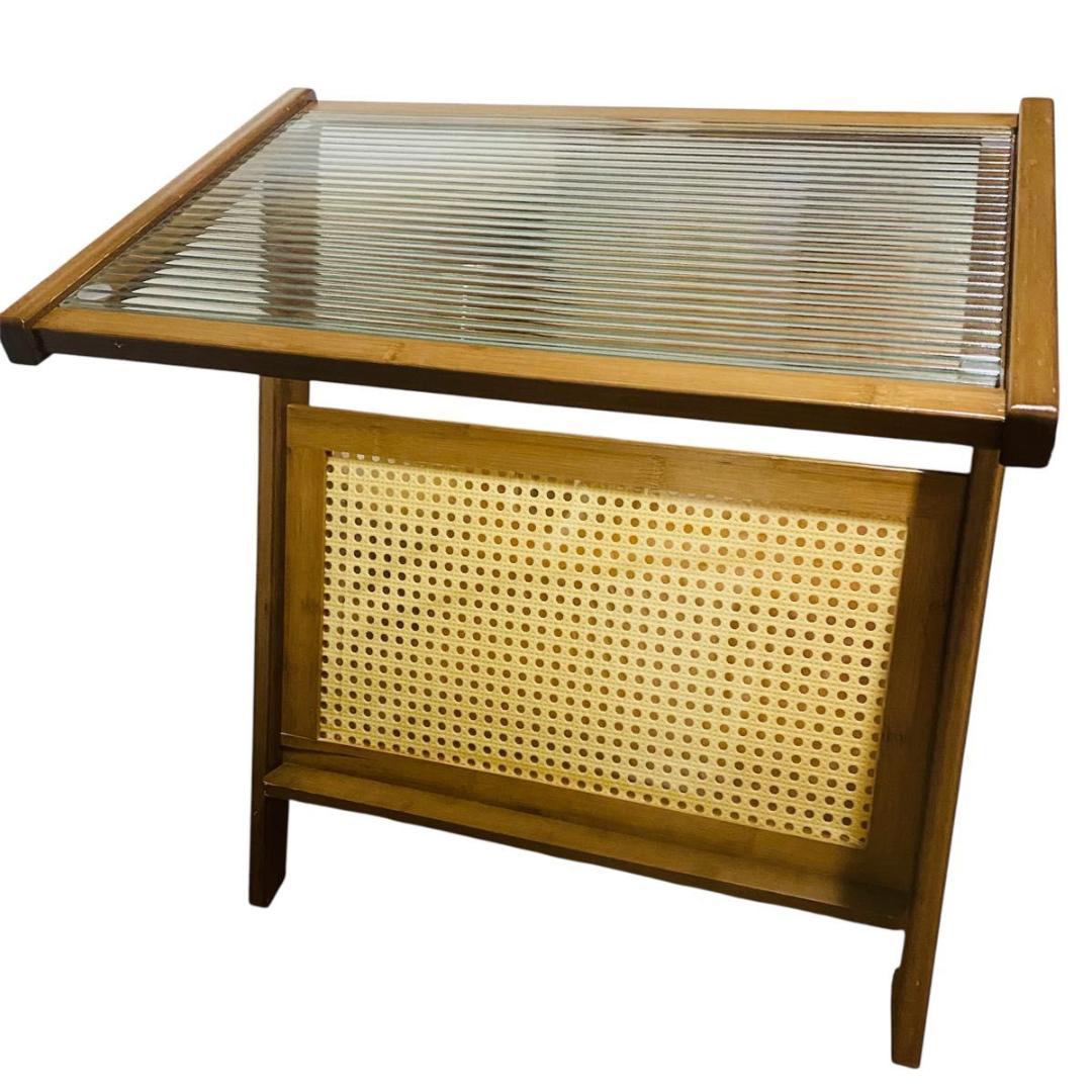 木製ブラウンサイドテーブル ガラス天板