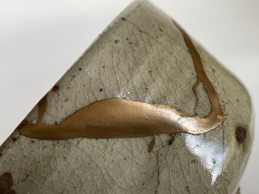 骨董　アンティーク　黄瀬戸　茶碗　金継ぎ　御深井焼　共箱　銘雨後