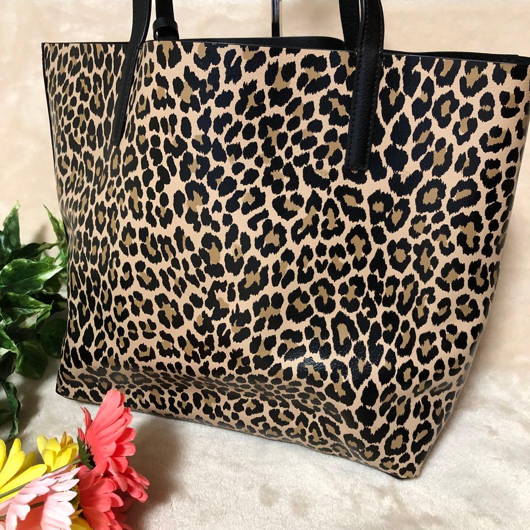 極美品　ケイトスペード　トートバッグ　リバーシブル　ポーチ付き　レオパード柄　黒