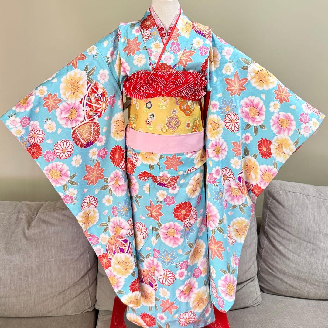 七五三着物帯セット　7歳　紺　水色黄色帯