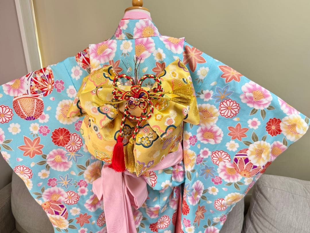 七五三着物帯セット　7歳　紺　水色黄色帯