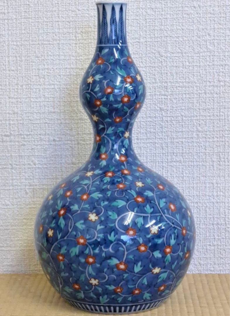 人間国宝 十三代 今泉今右衛門 本人作 色鍋島更紗文瓢瓶 共箱 真作保証