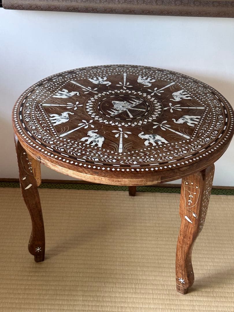 インド製 インディアンローズウッド無垢材 象嵌細工 サイドテーブル 3本脚