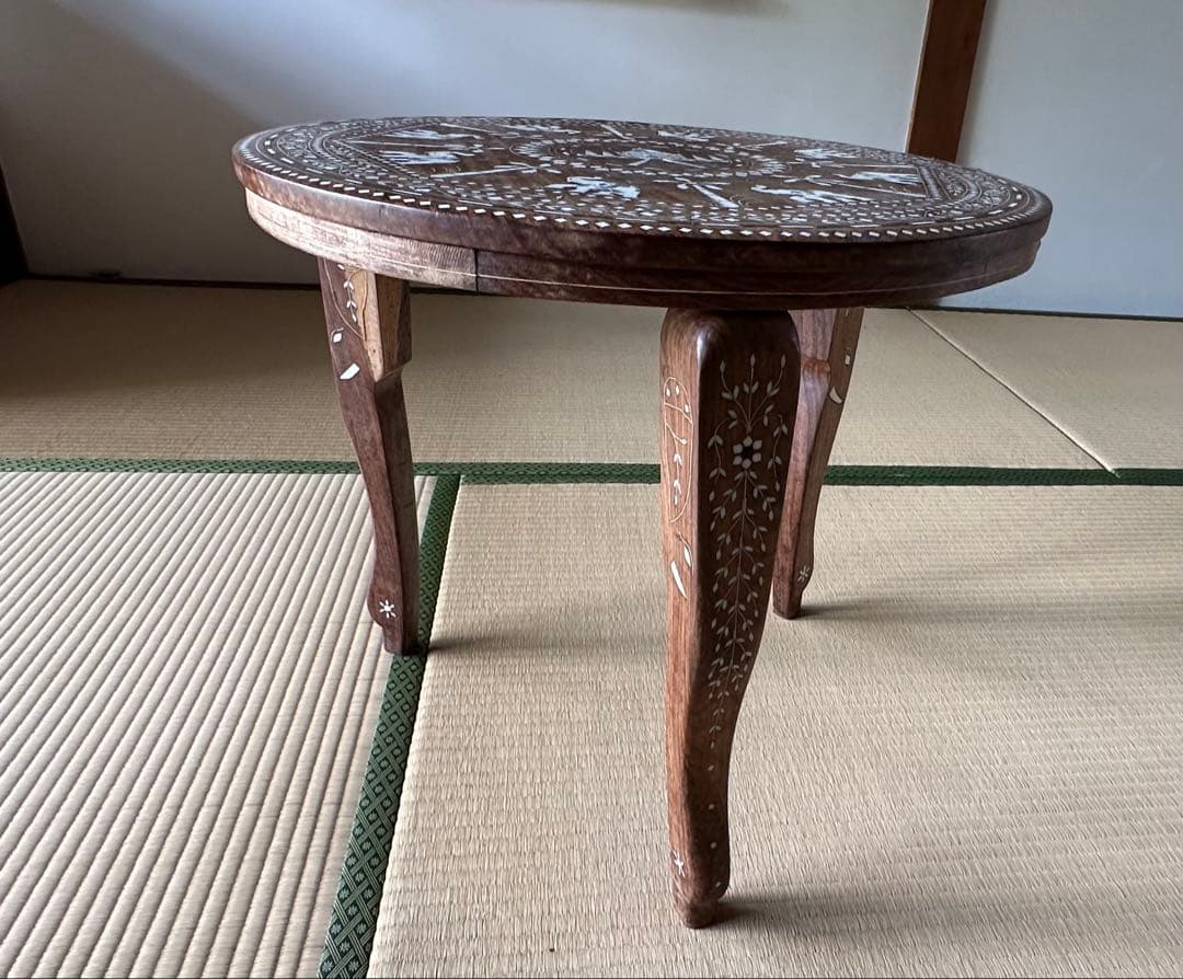 インド製 インディアンローズウッド無垢材 象嵌細工 サイドテーブル 3本脚