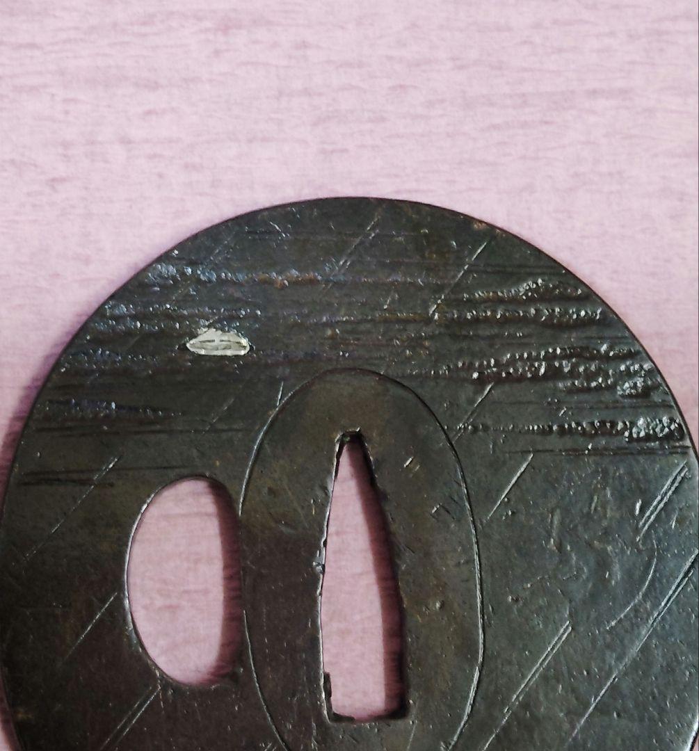 刀装具 鐔 鍔 無銘 銅地 象嵌 風景図 丸形鐔 時代物