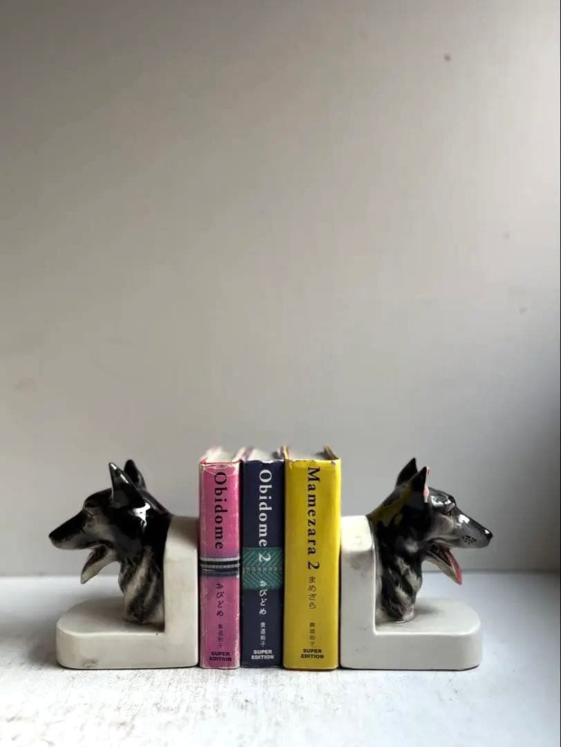 773 アンティーク 犬のブックエンド陶器製 シェパード記念品 希少