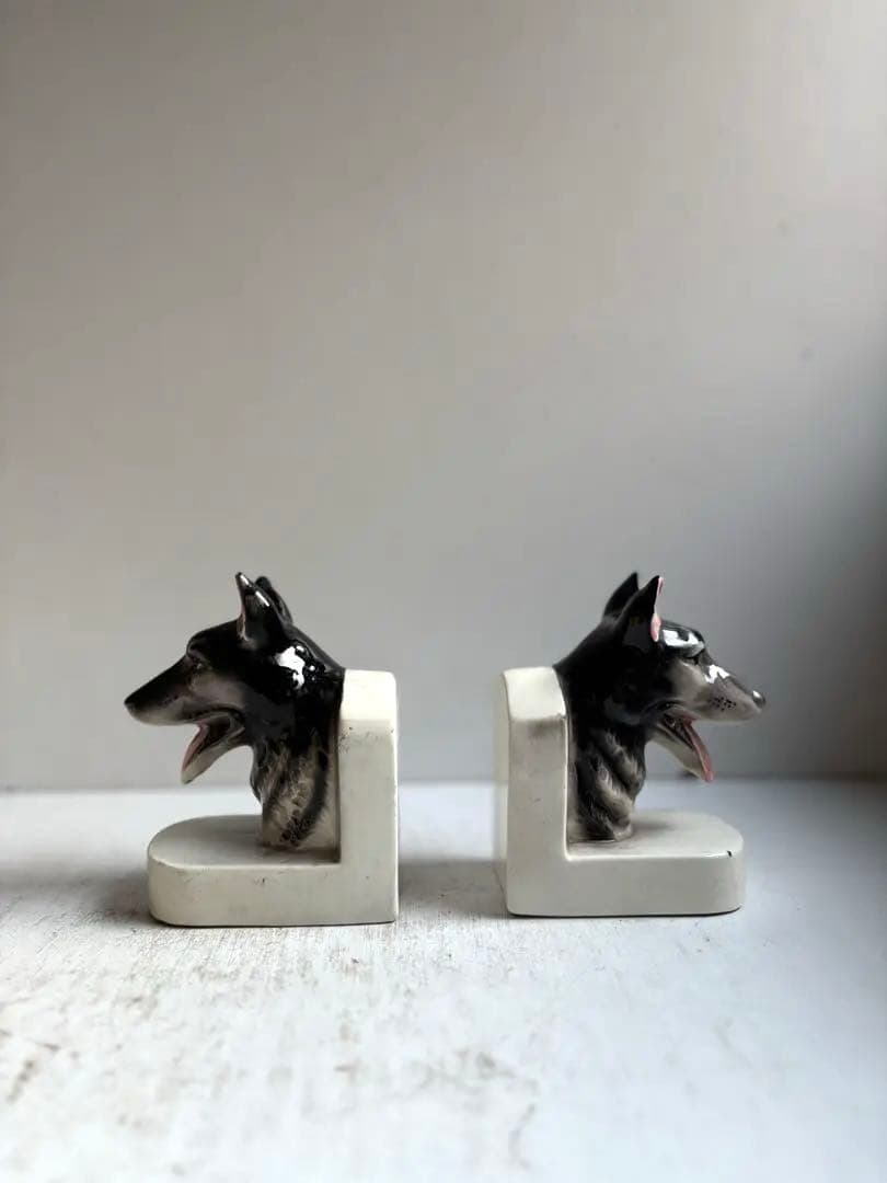 773 アンティーク 犬のブックエンド陶器製 シェパード記念品 希少